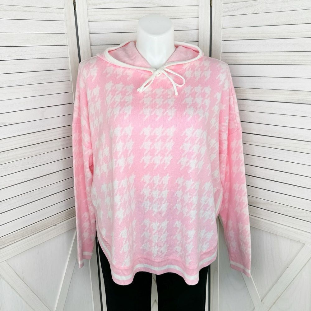 Crown & Ivy Houndstooth Hooded Long Sleeve Poncho Sweater Pink White Large